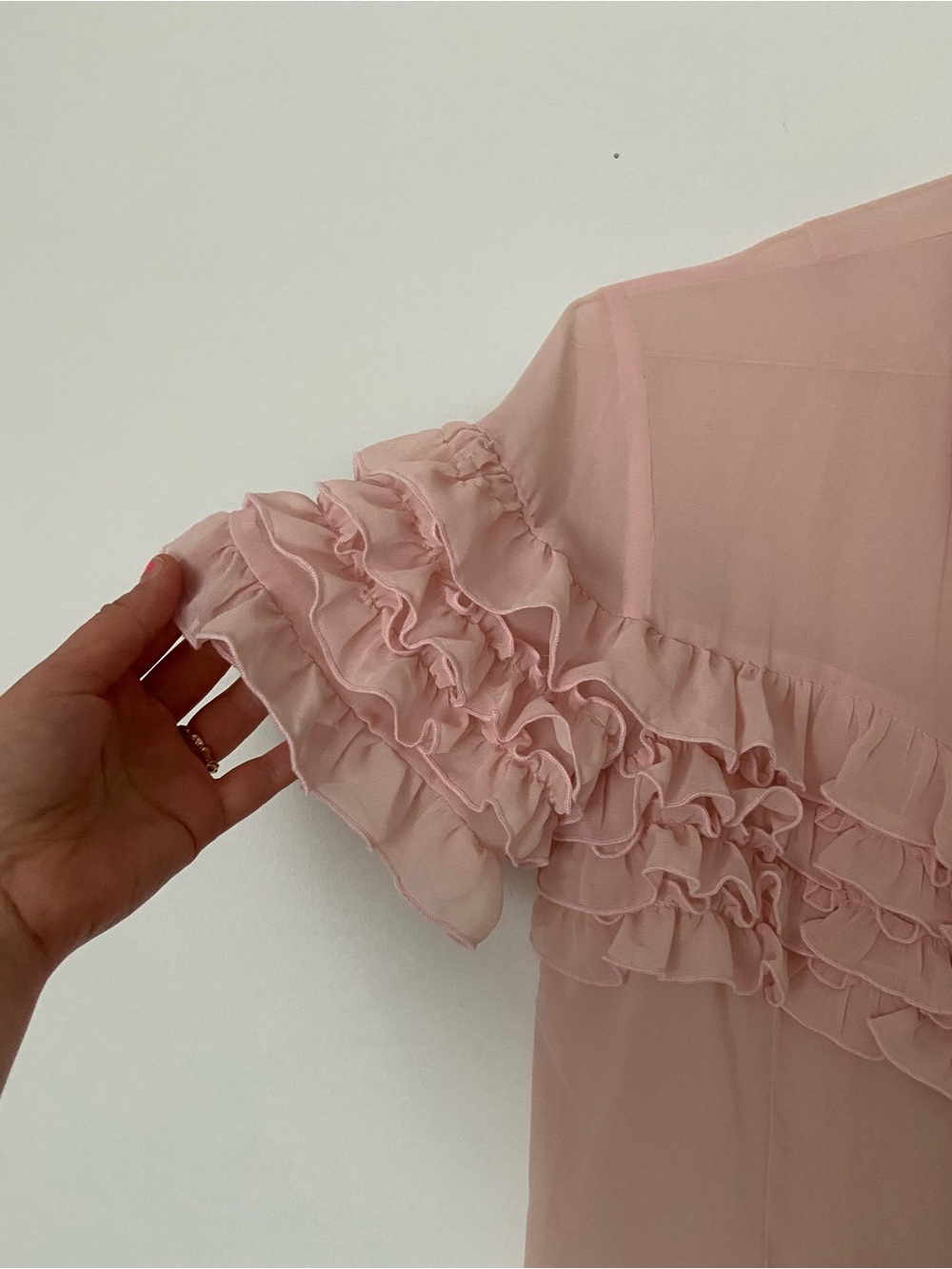 Sheer Pink Ruffle Button-Down Blouse - Picture 2 of 5
